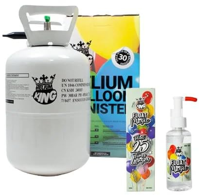 Helium King Disposable Helium Gas Canister Fills Up to 30 Latex or 14 Foil Balloons with Float Magic 100ml Balloon Treatment Bundle – Long Lasting Helium Balloon Kit for Parties, Weddings & Events