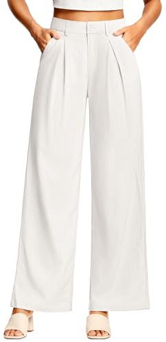 ISEEGZ 31'' Women's Linen Pants Wide Leg Work Dressy Pants Casual Slacks Business Trousers for Women with Pockets White
