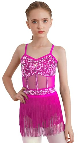 FEESHOW Kids Girls Sparkly Rhinestone Tassel Dress Latin Jazz Ballroom Salsa Fringe Skirted Leotard Dance Dress