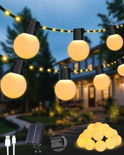 NWPUSZ Guirlande Lumineuse Solaire Exterieure, 10M 100 Leds Exterieur Solaire Avec 20 Ampoules G40 Incassables, 8 Modes Etanche Rechargeable par USB/ Solaire Balcon Jardin Campings (Blanc Chaud)