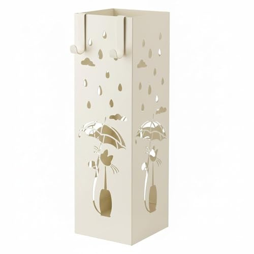 Portaombrelli In Metallo Con Decorazione Gatto Vaschetta Scolapioggia Removibile E 2 Ganci Laterali Base Antiscivolo Stand Quadrato Design Per Ingresso Casa E Ufficio 49 x 15.5 x 15.5 Cm (Bianco)
