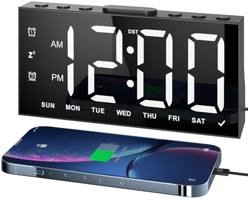 LIORQUE Sveglia Digitale da Comodino con Display LED Grande, Dotata di 2 Porte di Ricarica USB, Modalità Ora Legale, Volume/Luminosità Regolabili, Funzione Snooze e 2 Allarmi, Ideale Camera da Letto