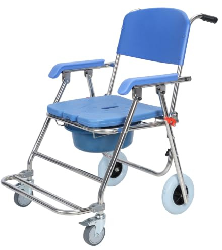 Table d'aisance de Chevet à roulettes, Fauteuil Roulant Douche 3 en 1 - Toilettes Pliantes avec Seau Amovible, inclinables, 4 Roues pivotantes, pour la récupération des Personnes âgées BLEU