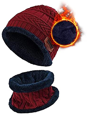 Aisprts Kids Winter Beanie Hat and Scarf Set Knitted Thermal Fleece Lining Hat and Snood Neck Warmer for Boys Girls, Red, One Size