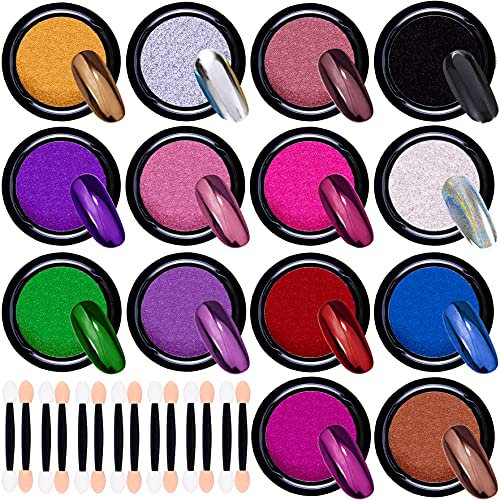 Duufin 14 Farben Chrome Pulver Nägel Spiegel Pulver Nagel Pigment für Nägel mit 14 Pcs Lidschatten Pinsel für Maniküre Kunstdekoration