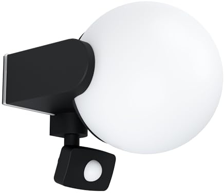 Eglo Lampada da parete per esterni Rubio, lampada da esterno con rilevatore di movimento, sensore crepuscolare, lampada da parete in alluminio fuso in nero, plastica in bianco, E27, IP44
