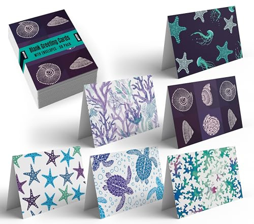 Bättre kontorsprodukter 50-pack gratulationskort box set, 10 x 15 cm, 50 blandade tomma anteckningskort och 50 kuvert, 6 havsliv designer, tom inuti, 50-pack
