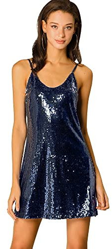Allegra K Women's Glitter Sparkle Adjustable Strap Mini Party Sequin Dress - Blue - Large