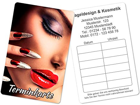 500 Terminkarten bedruckt mit Ihrer Adresse für Nageldesign Kosmetik - Kein Stempel notwendig - Inkl. Kartenspender