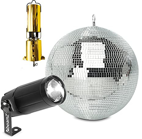 Battery Powered Disco Mirror Ball Set with 30cm Glitter Ball, Rotating Gold Motor & LED Pin Spot Light - Ideal for Wedding, Party, Prom & Club Events