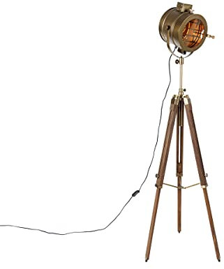Qazqa - Industrie I Vintage I Dreibein-Stehlampe Bronze mit Holz-Studiospot - Radient I Wohnzimmer I Schlafzimmer - Länglich - LED geeignet E27