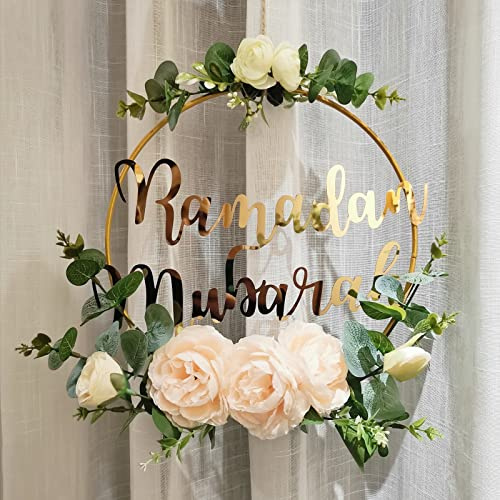 Ramadan Mubarak-kransar, dekorationer, konstgjord rosa kamelia, metallring, blomkrans, Eid Mubarak-girlangdekor, för bondgård, dörr, vägg, fönster, inomhus, utomhus