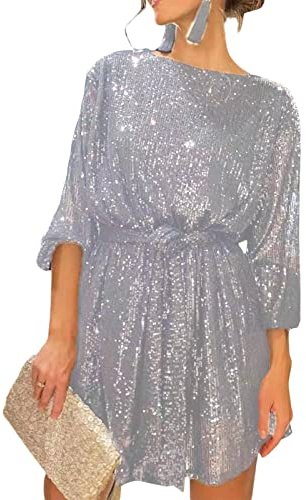 Geagodelia Abito da Cerimonia Donna Elegante con Paillettes Vestito da Sera Elegante Vestio a Maniche Lunghe con Cintura (Argento, M)