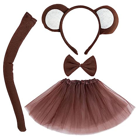 MIVAIUN 4 teiliges Affen Kostüm, Tierkostüm Set, Schwanz,Fliege, Stirnband, Tutu-Rock-Set für Erwachsene und Kinder zum Anziehen, Halloween, Bühnenauftritt, Karneval, Cosplay (Braun)