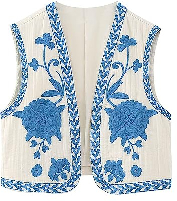 YILEEGOO Kvinnor Vintage Boho Blommig Broderade Västar Ärmlös Magtröja Toppar Öppen Framsida Väst Ytterkläder Jackor, BLÅ, L