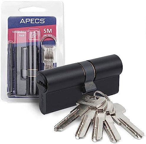 APECS Cerradura cilíndrica de perfil negro, 75 (30/45) mm para cerradura de puerta con 5 llaves, modelo SM-75(30/45)-BLM