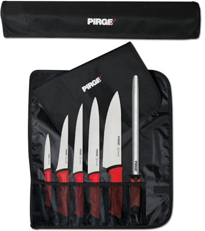 Pirge Duo - Juego de cuchillos de cocina profesional de 7 piezas, con bolsa de rodillos y acero para afilar