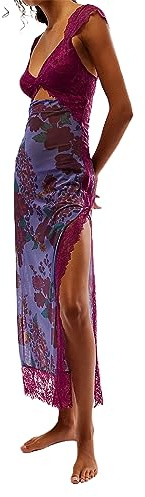 Qianderer Women Sleeveless Maxi Dress Backless Bodycon Floral Printed Spaghetti Strap Long Dress Summer Lace Cutout Dress (Purple, M)