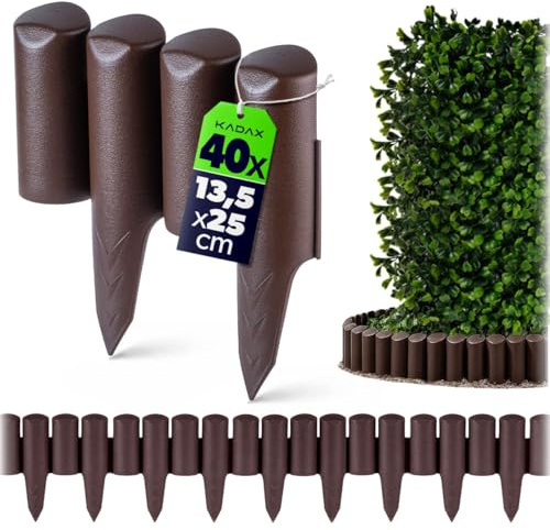 KADAX Palissade de jardin de 10 m, palissade pour fleurs, bordure de pelouse décorative en plastique, bordure de parterre avec piquet de sol, type poteau en bois, bordure de parterre (marron)