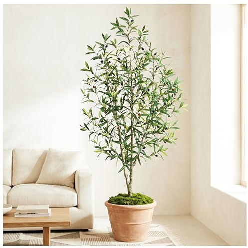 Olivier Artificiel 180cm Plante Artificielle Intérieur, Fausse Plante en Pot, Arbre Artificiel Résistant UV Verte Décoration Maison Chambre Balcon (1, Pot Blanc)