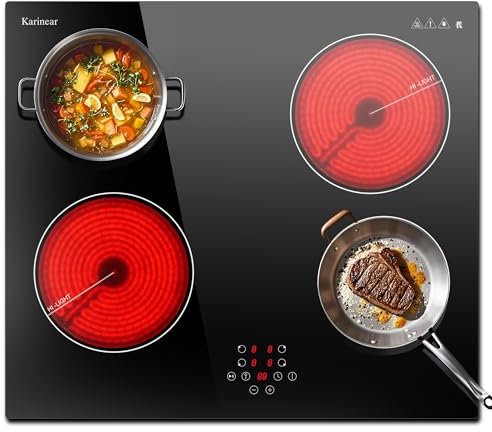 Karinear Glaskeramikkochfeld 4 Platten Einbau, Elektrokochfeld 60 cm Touch-Steuerung, Keramikochfeld 4 Zonen mit Kindersicherung, Timer, Pause & Go, 6000W, 220V-240V, Kein Stecker