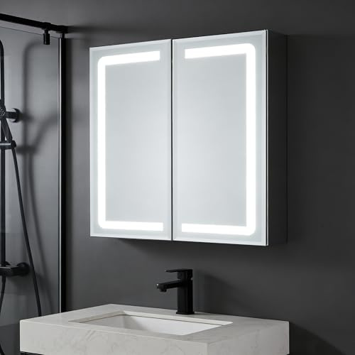 LOMIKEN Badrumsskåp med LED-spegel och uttag, 65 x 65 x 13 cm, badrumsskåp med 3 färgtemperaturer, LED-spegel, imfri