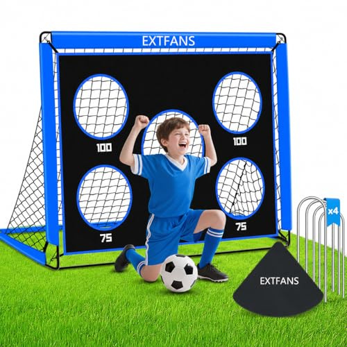 EXTFANS But de Foot 2 en 1 pour Jardin, Cage de Football avec Cible de Tir, Filet Pliable Outdoor, But pour Enfants avec 4 Piquets et Sac de Transport (Bleu, 5 Trous-150 * 120 * 120cm)