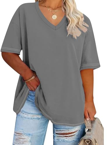 Camiseta gordita para mujer, talla grande, manga corta, cuello en V, blusa de verano, monocolor, túnica básica, jersey, camiseta holgada, cómoda, blusnetops, camiseta deportiva, tallas grandes, gris