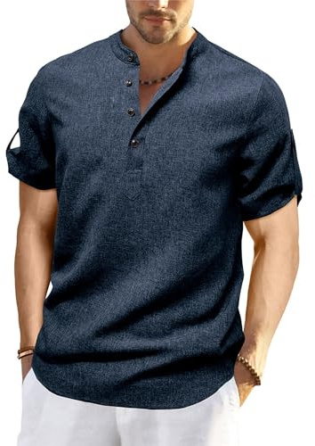 Chemise en Lin Homme Manches Courtes Été Coton Chemises Henley Shirt de Couleur Unie Leger Respirant Casual de Plage Chemise en Lin Marron Foncé avec Manches Courtes Col Mao Hommes Respirant Haut Top