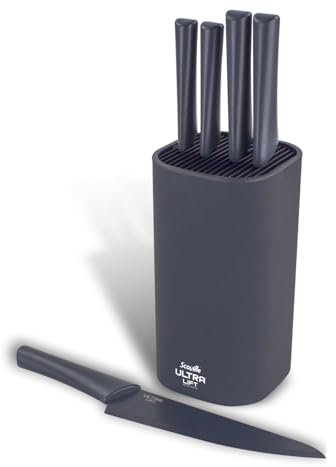 Scoville Ultra Lift 5 Piece Kitchen Knife Block Set, Non-Stick Stainless Steel Blades, 5 Types of Kitchen Knives, Ergonomic Handles, Universal Knife Block, PFOA-Free, Easy to Sharpen & Clean, Grey