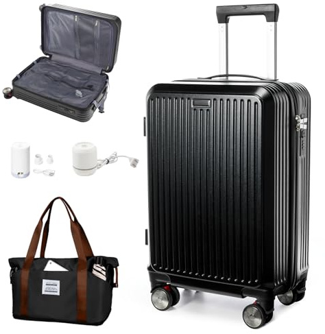 kibachev 20 Pulgadas Maleta de Viaje al Vacío, Maleta Cabina con Bolsa de Viaje y Bomba, Equipaje de Mano en ABS con 4 Ruedas Giratorias, Negro