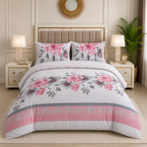 Trendy 3 Piece Complete Bedding Set – Soft Microfiber Single Duvet Cover, Fitted Sheet & Pillowcase | Floral Printed, Wrinkle-Free & Lightweight for All Seasons