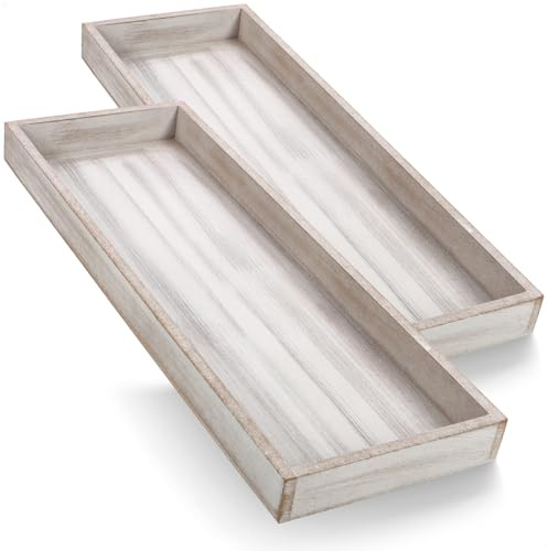 COM-FOUR® Set di vassoi in legno da 2 pezzi 40 x 14 cm - Vassoio rettangolare in legno vintage - Vassoio da portata dall'aspetto rustico - Grande ciotola decorativa (2 pezzi - bianco/marrone)