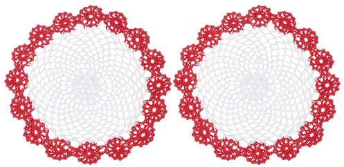 QUARKZMAN 2Pcs Centrini All'Uncinetto Fatti A Mano Centrini per Vassoio Rotondi 21 cm in Tessuto Pizzo Sottobicchieri per Artigianato Decorazione per la Casa Bianco Rosso