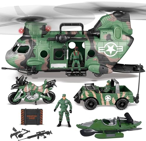 JOYIN 10 en 1 Juego de Juguete de Helicóptero de Transporte Militar Jumbo Incluyendo Helicóptero con luz y Sonido Realistas,Camión Militar, Barco de Kayak, Motocicletas, Figuras Militares