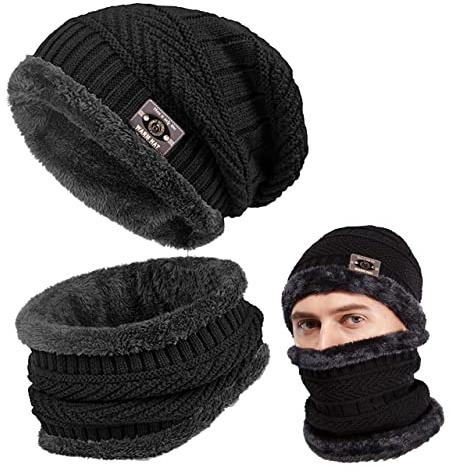 Hiver Ensemble 2 pièces Chapeau Beanie Écharpe Homme Chaud Tricot Bonnet Hiver Ski Tour de Cou Doublure Polaire Tricoté nsemble Epais Unisexe