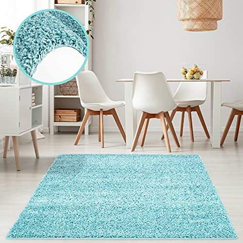 payé Teppich Wohnzimmer Hochflor - Türkis -200x200- Weich Langflor Shaggy Schlafzimmer Bettvorleger Kinderzimmer - Dekoration