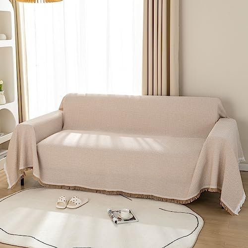 LHGOGO Waffle Throws for Sofas Large 2 or 3 Seater Woven Sofa Throw Blanket with Tassels Reversible Large Throws for Settees Couch Love Seat Double Bed and Armchair 180x230cm - Khaki