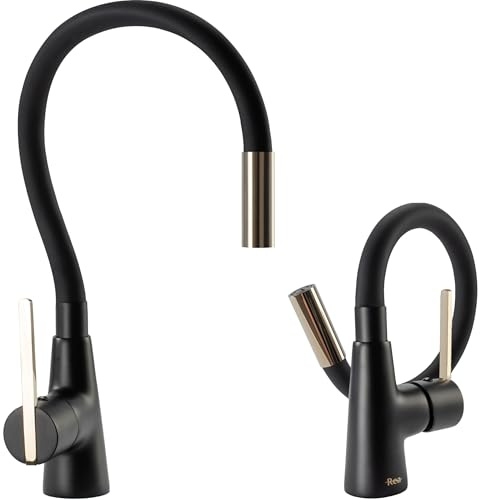 Rea Küchenarmatur ICON BLACK/L.GOLD Wasserhahn Küche aus Messing 360° Drehung Armatur Küchenspüle Mischbatterie Spültischarmatur (Schwarz/Gold)