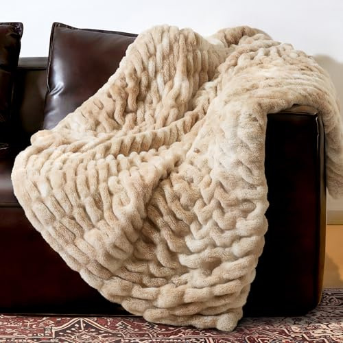 blunique Ultra Soft Faux Rabbit Fur Throw Blanket, Cozy Fuzzy Blanket for Couch Bed, Plush Warm Decor Gifts, Luxury Thick Fluffy Blanket for Women & Men,50x60 inches, Tie-Dyed in Khaki