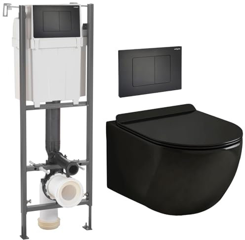 Coribi Pack Complet WC Sans Bride + Cuvette Suspendu Sans Bride + Plaque DESIGN - Toilette Design Moderne - Cuvette Céramique (Bâti initio sur mur porteur, Plaque noir mat soft touch)