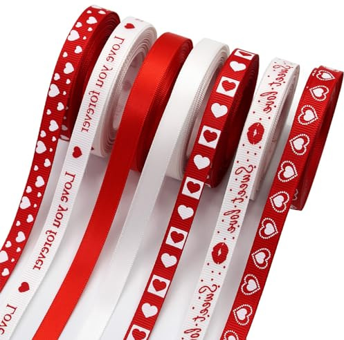 AOKSUNOVA Nastro di raso con cuori, nastro da 1 cm, nastro di raso, set di nastri regalo per San Valentino, matrimonio, confezione regalo