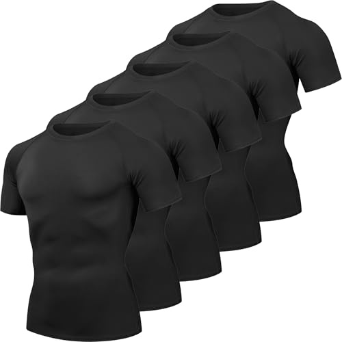 HovSiyla 5 Pack Men's Compression Shirts Cool Dry Short Sleeve Baselayer Athletic Workout T Shirts Black-M