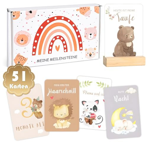 MINISONA 51 Meilensteinkarten Baby, Erinnerungsboxen für Babys,mein erstes Jahr,Geschenkbox für Jungen & Mädchen, Meilenstein Karten Set zur Geburt, Taufe