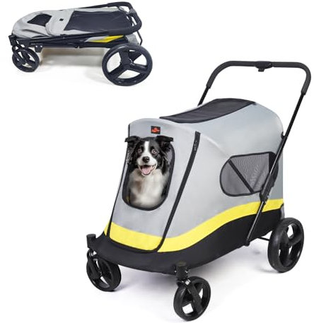 BingoPaw Faltbarer Hundebuggy Große Hunde: Klappbar Hundewagen bis 42kg Hundetrolley mit Regenschutz, Sicherheitsgurt, 4 Rädern & 3 Netzfenstern, Transportwagen Jogger Buggy für Haustiere