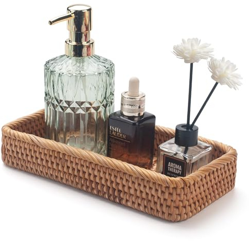 Vassoio Rattan da Bagno, Cestino da Bagno per Asciugamani, Vassoio Decorativo per Organizzazione (Naturale, 26 x 12.5 x 4 cm)