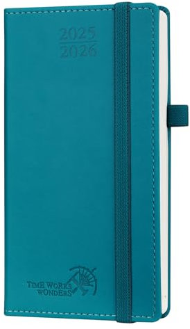 POPRUN Taschenkalender 2025 2026 Klein 16,5 x 9 cm (Aug.2025-Dez.2026) - Kalender 2025 2026 Klein mit PU-Leder - Terminplaner, Planer 1 Woche 2 Seite mit Stiftschlaufe - Pazifikgrün