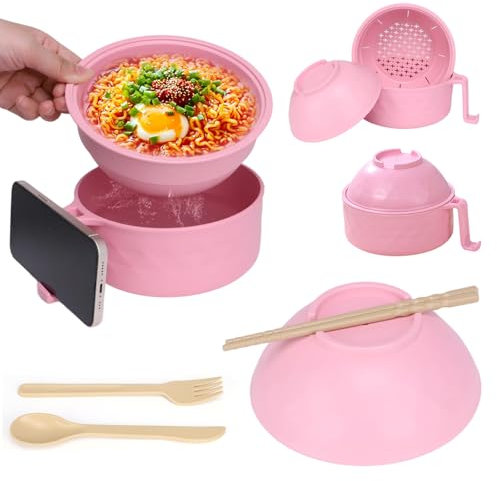 EOAMGO Pink Noodle Bowl Set, Microwave Ramen Bowl with Lid, Chopsticks, Fork, Spoon, Strainer, 1200ml, BPA Free
