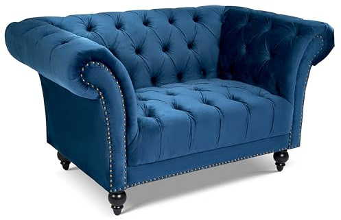 Bravich Chesterfield Velvet Armchair, Blue Single Sofa Chair for Living Room, Classic Button Back Arm Chair with Rolled Arms, Solid Wood Frame, 145cm x 56cm x 82cm