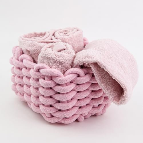 Generico Susanna Home Set mit 4 Seiftüchern 30 x 30 cm aus Baumwoll-Frottee – Gästehandtücher für Badezimmer, Hautpflege, Neugeborene – verpackt im Korb aus geflochtenem Seil – Rosa